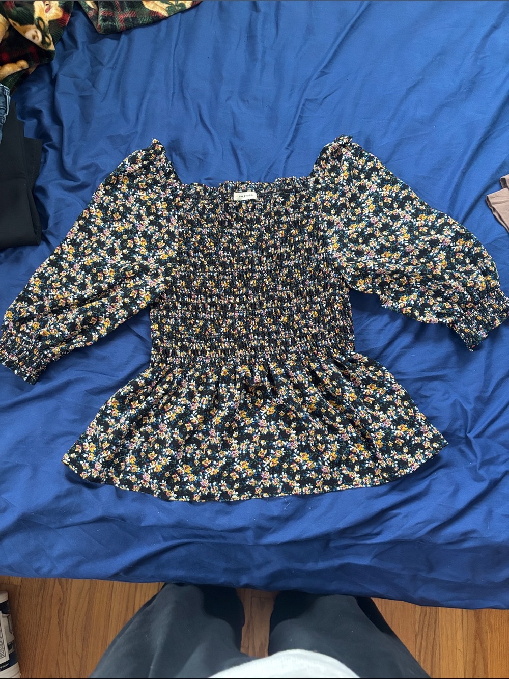 Max Studio Navy Floral Smocked Peplum Top